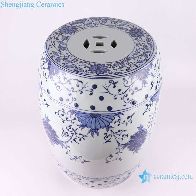 RYNQ267 Antique Blue and White Porcelain Flower Twisted copper hole design ceramic drum garden home seat stool