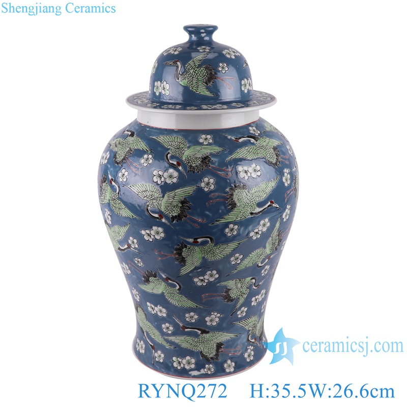 Jingdezhen Porcelain Dark Blue Glazed Ice Plum Crane Pattern Ceramic Pot Temple Lidded Ginger Jars