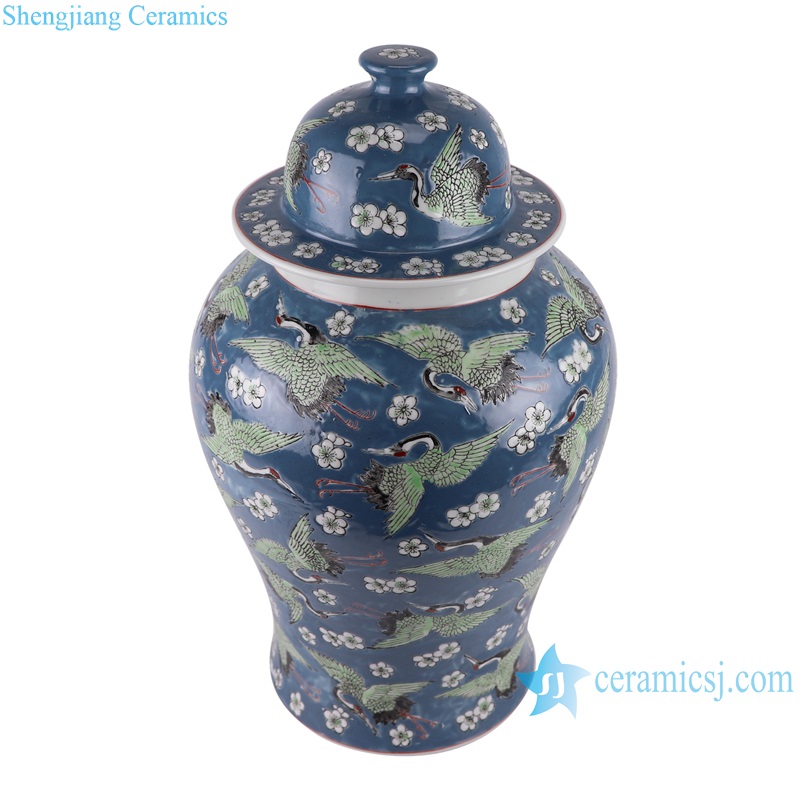 RYNQ272 Jingdezhen Porcelain Dark Blue Glazed Ice Plum Crane Pattern Ceramic Pot Temple Lidded Ginger Jars