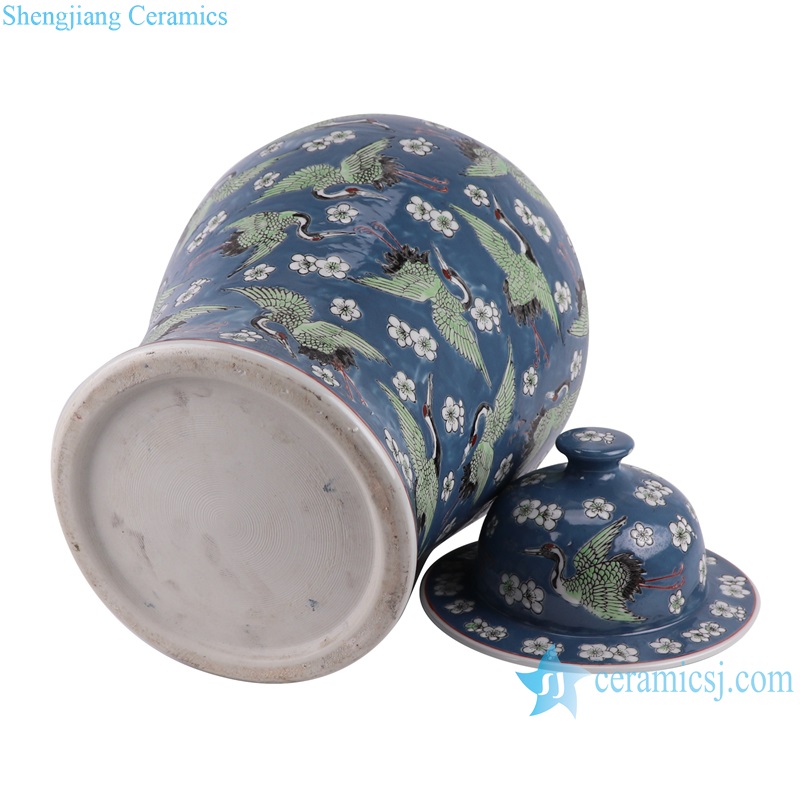 RYNQ272 Jingdezhen Porcelain Dark Blue Glazed Ice Plum Crane Pattern Ceramic Pot Temple Lidded Ginger Jars