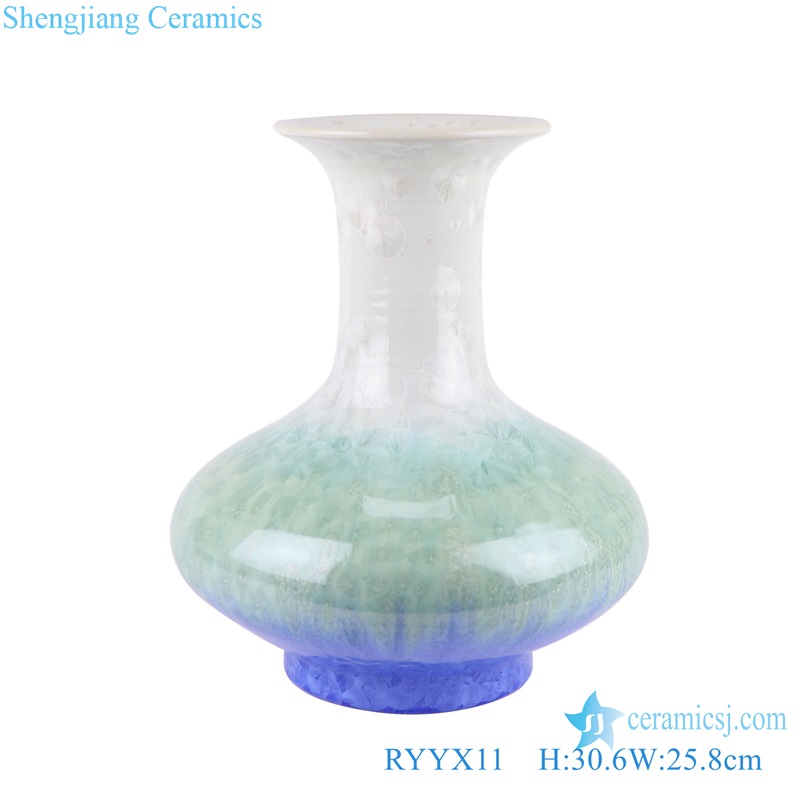Kiln transform Crystal glazed Ice Crackled Blue and white Ceramic Flat belly bottle Tabletop Vase