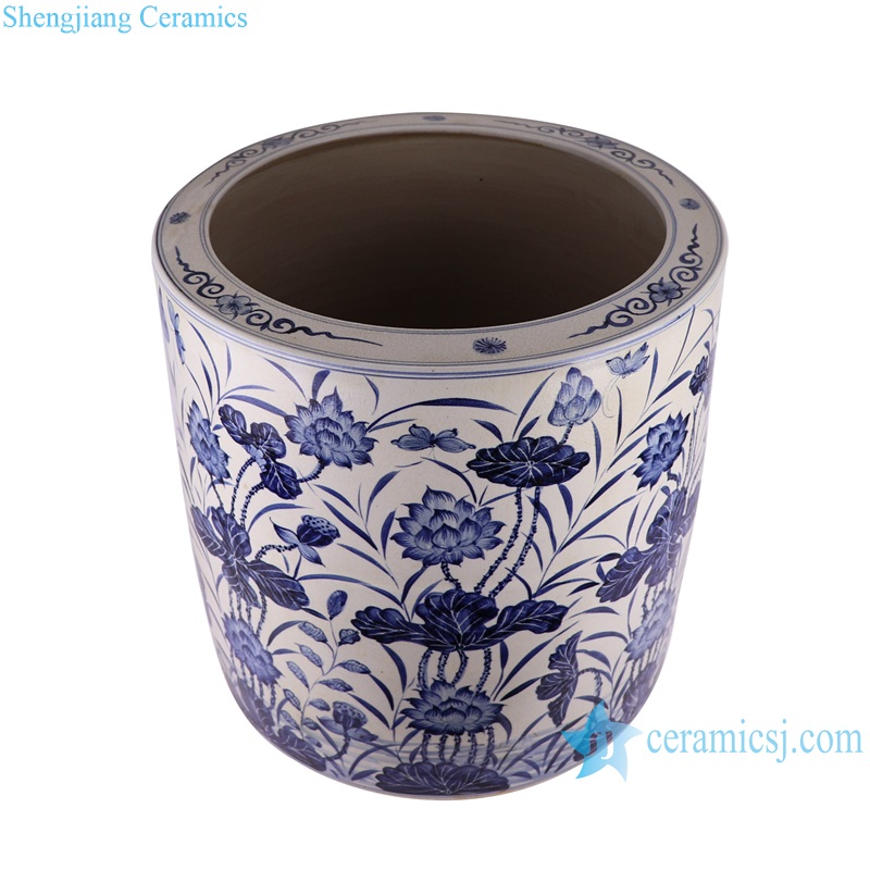 Blue and white Porcelain Lotus and Butterfly Pattern Hand painted Ceramic Big Pot Garden Planter