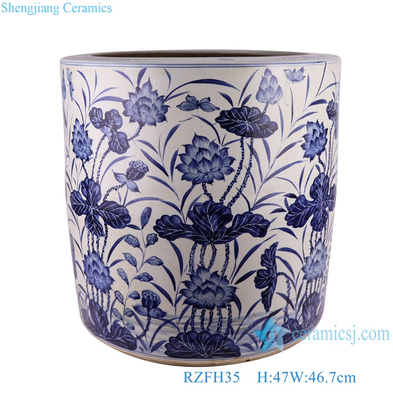RZFH35 Blue and white Porcelain Lotus and Butterfly Pattern Hand painted Ceramic Big Pot Garden Planter