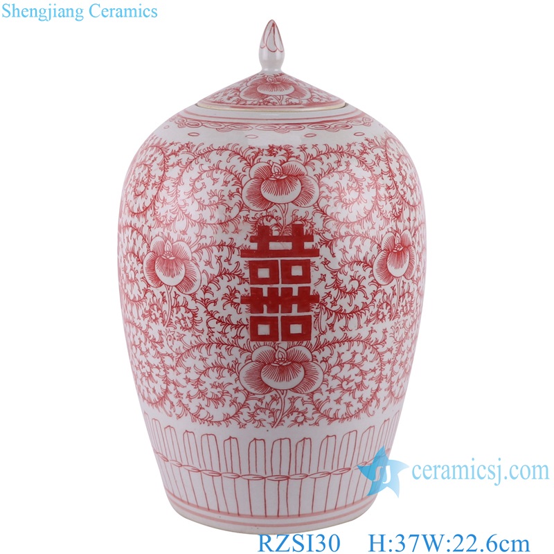 Red Glazed Porcelain Twisted flower Happiness Letters wax gourd shape Ceramic Pointed Ginger Jars