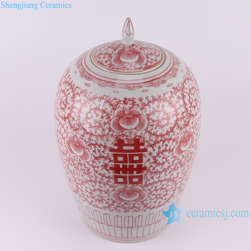 RZSI30 Red Glazed Porcelain Twisted flower Happiness Letters wax gourd shape Ceramic Pointed Ginger Jars