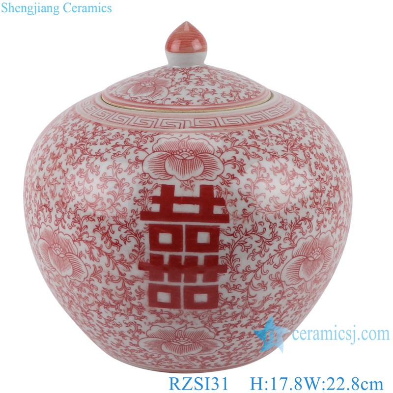 Porcelain Twisted flower design Glazed red Happiness Letters Watermelon Shape Belly Lid Ginger Jars