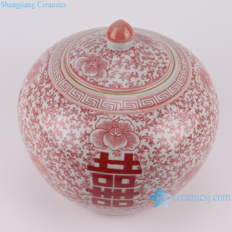 RZSI31 Porcelain Twisted flower design Glazed red Happiness Letters Watermelon Shape Belly Lid Ginger Jars