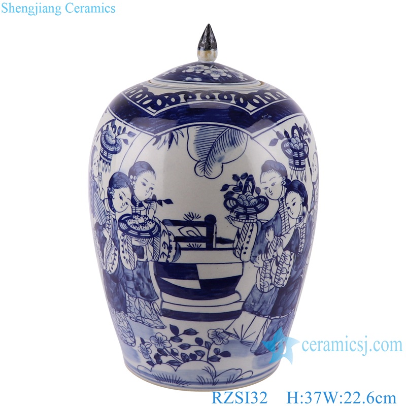 Blue and White Porcelain Portrait of Lady Storage General Pot Ceramic Lidded Ancestor Jars
