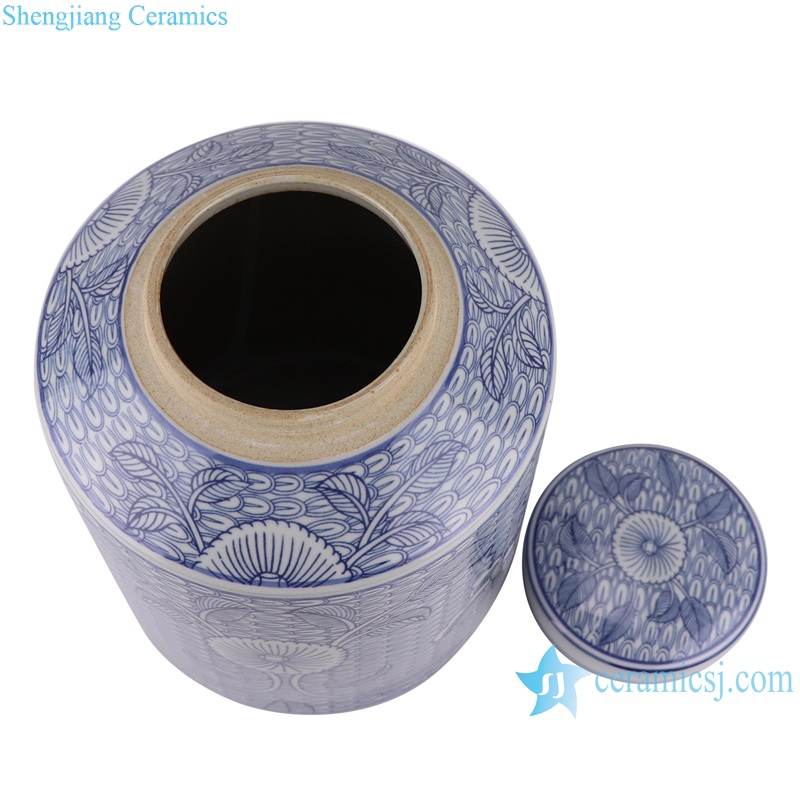 RZSI33 Porcelain Blue and White Sunflower Butterfly Design Ceramic Straight Tea Canister Jars