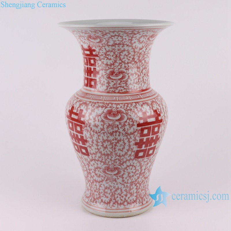 RZSI36 Porcelain Red Glazed Happiness Letter Twisted Flower Ceramic Wide Mouth Table Vase