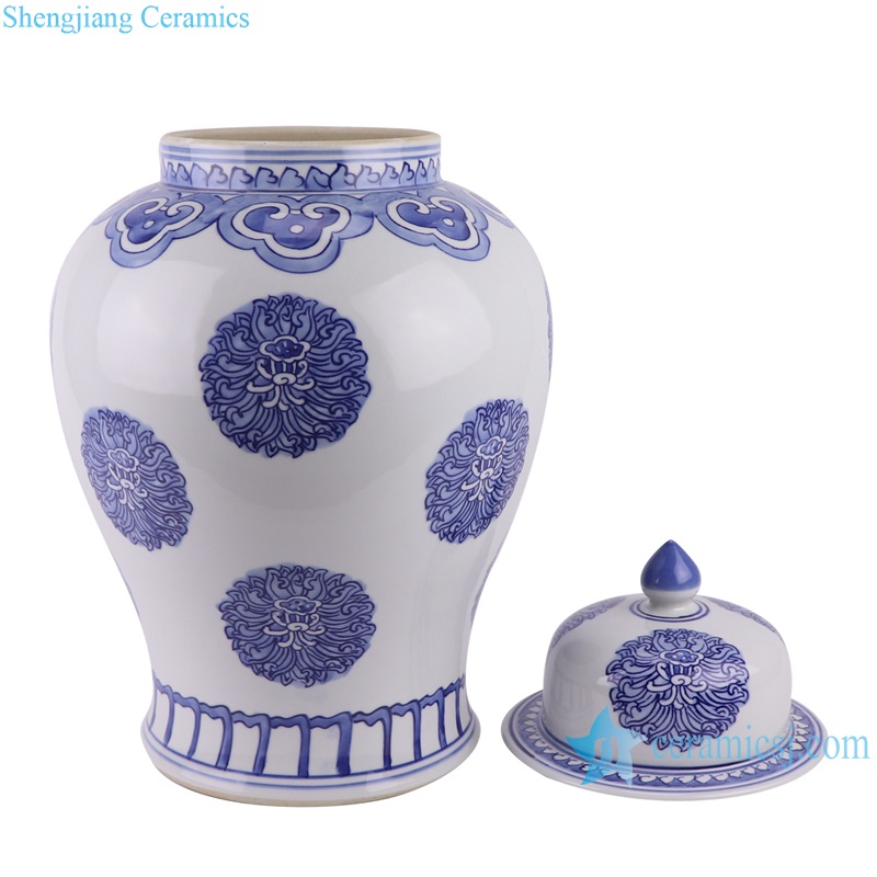RZTN05 Jindezhen Blue and White Porcelain Round Flower Design Geometrical Ceramic Storage Ginger Jars