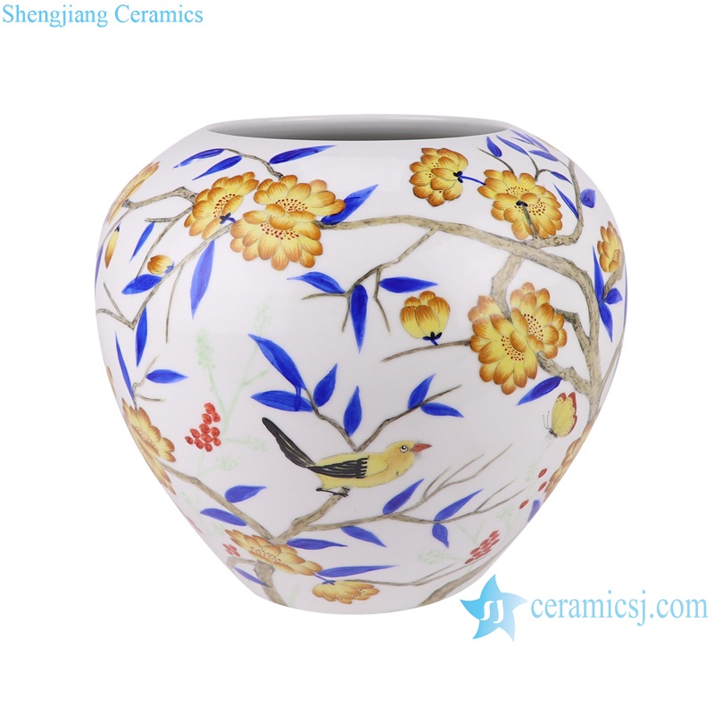 RZTX04/RZTX06/RZTX07 Porcelain Flower Yellow Bird Hand painted Design Round shape Ceramic Shallow water Pot Table Vase