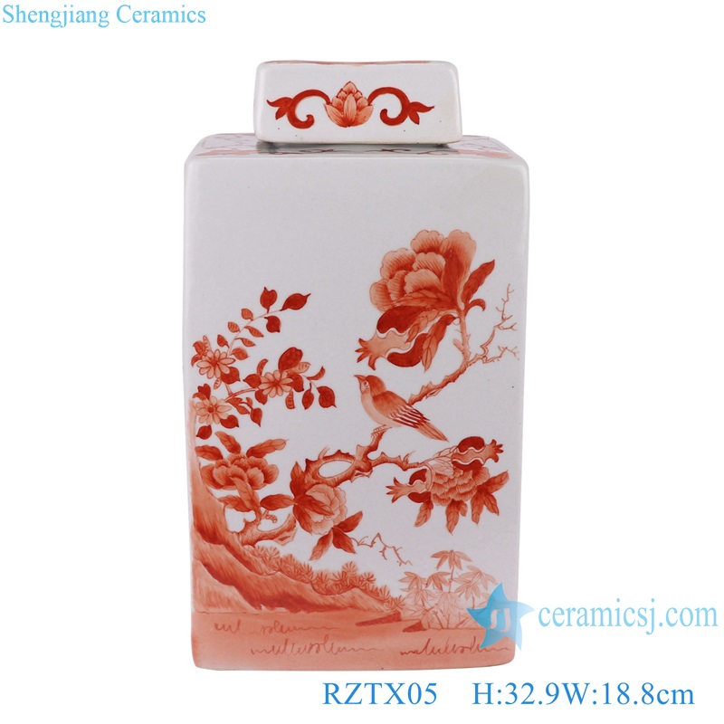 Red Color square Shape Flower and Bird Design Ceramic Tea Canister Porcelain Pot Temple Jars