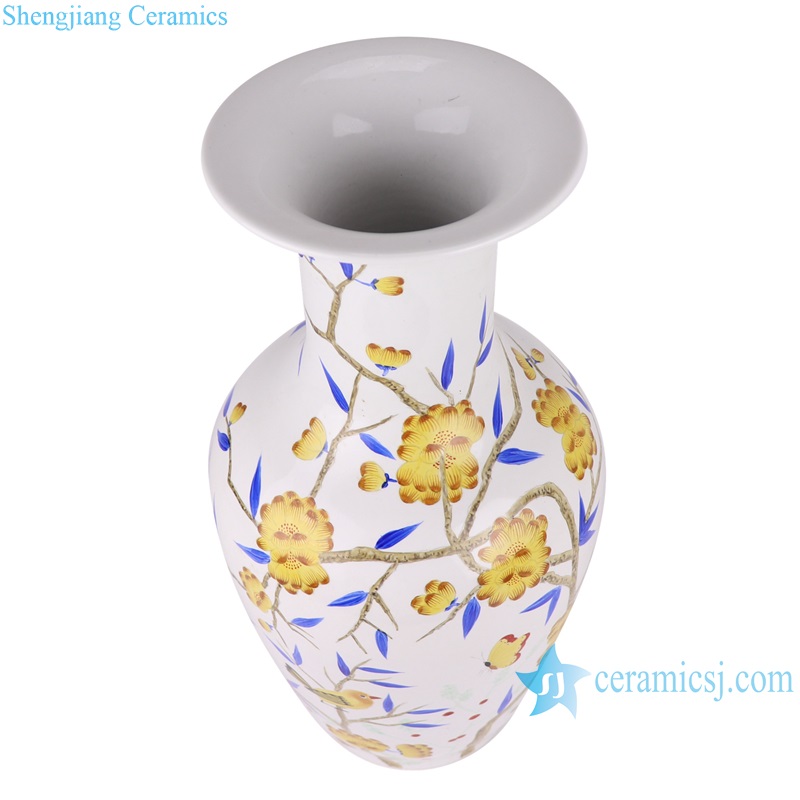 RZTX04/RZTX06/RZTX07 Porcelain Flower Yellow Bird Hand painted Design Round shape Ceramic Shallow water Pot Table Vase
