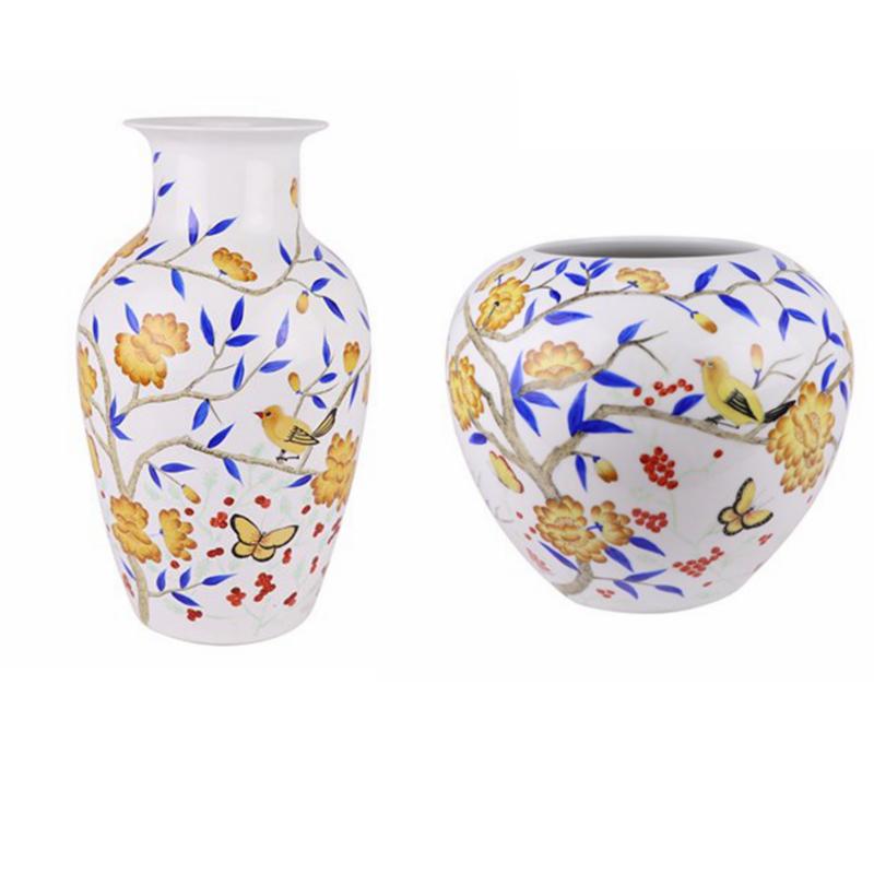 Porcelain Flower Yellow Bird Hand painted Design Round shape Ceramic Shallow water Pot Table Vase