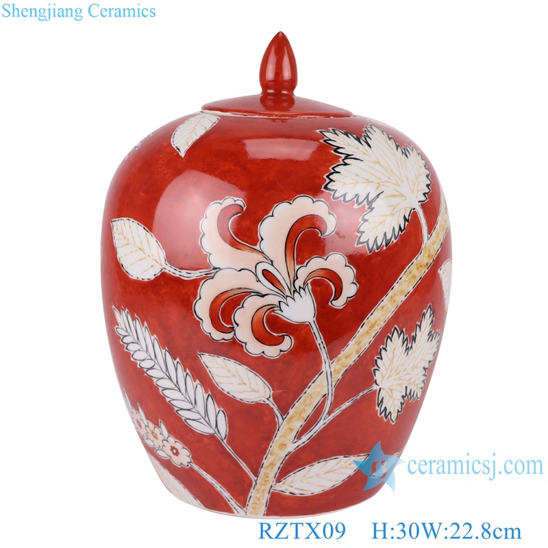 Porcelain Red Glazed Flower Design Wax gourd Shape Ceramic Temple Ginger jars
