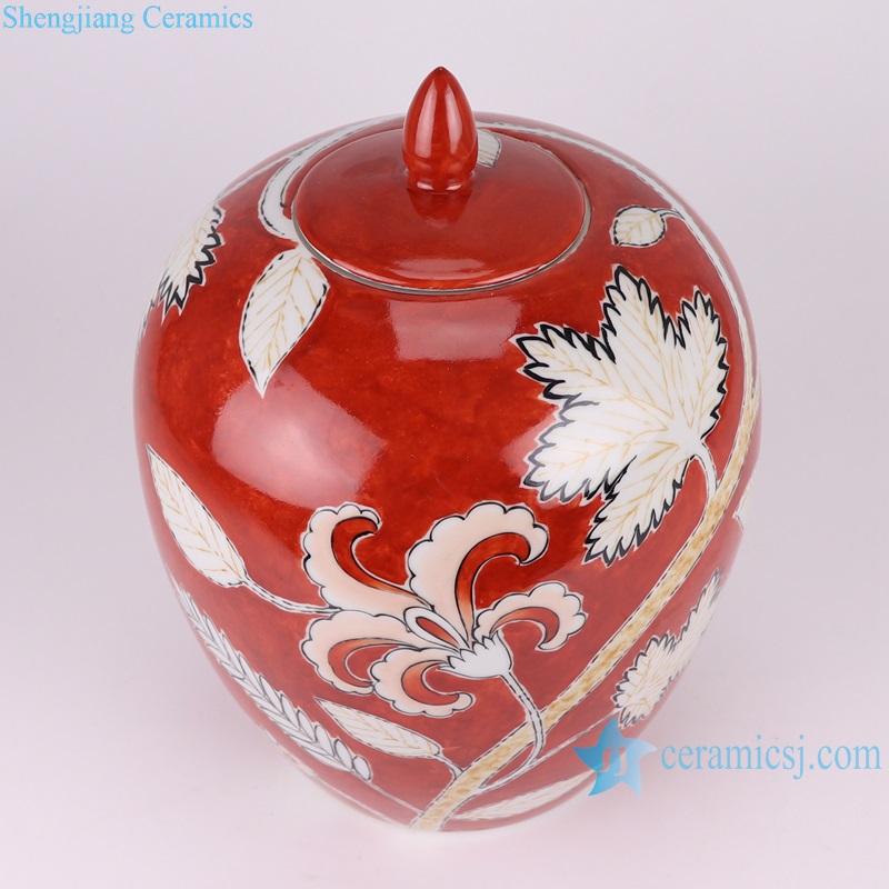 RZTX09 Porcelain Red Glazed Flower Design Wax gourd Shape Ceramic Temple Ginger jars