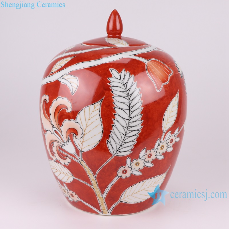 RZTX09 Porcelain Red Glazed Flower Design Wax gourd Shape Ceramic Temple Ginger jars