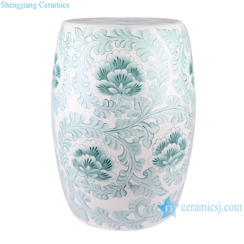 RZTX10 Porcelain Green Color Twisted Peony Flower Home Garden Office Ceramic Seat Drum Stool