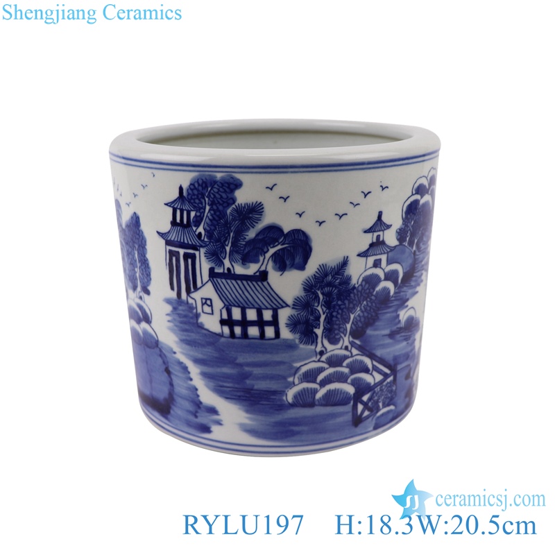 RYLU197 hand painted blue and white landscape pattern porcelain brush pot