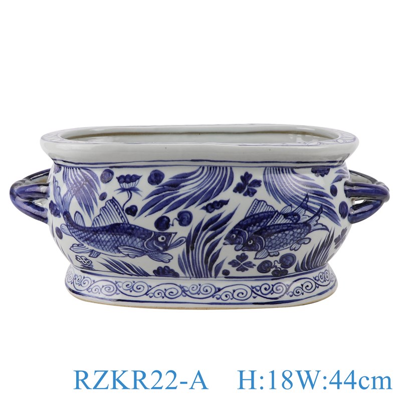 RZKR22-A-B Blue and white ellipse oval shape porcelain planter with handle