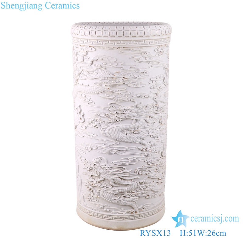 RYSX13 pure white ceramic carving double dragons play pearl pattern umbrella stand