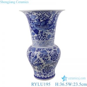 RYLU195 hand painted blue and white phoenix peony pattern flower vase