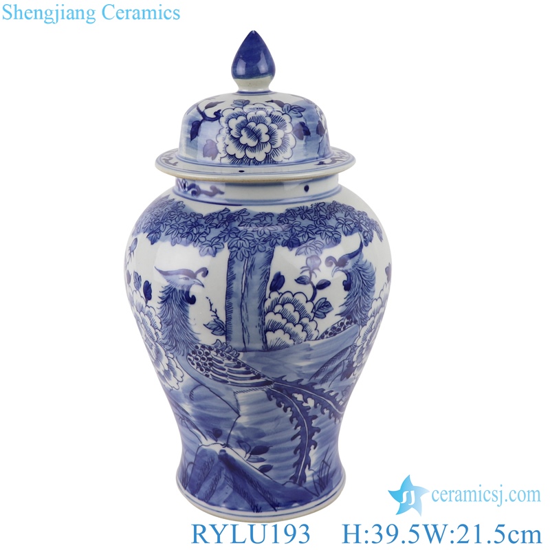 hand painted blue and white phoenix and flower pattern ceramic ginger jar