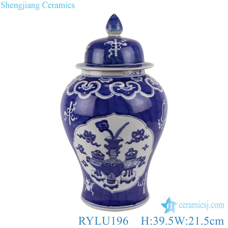RYLU196 antique blue and white hand painted bogu pattern ceramic ginger jar