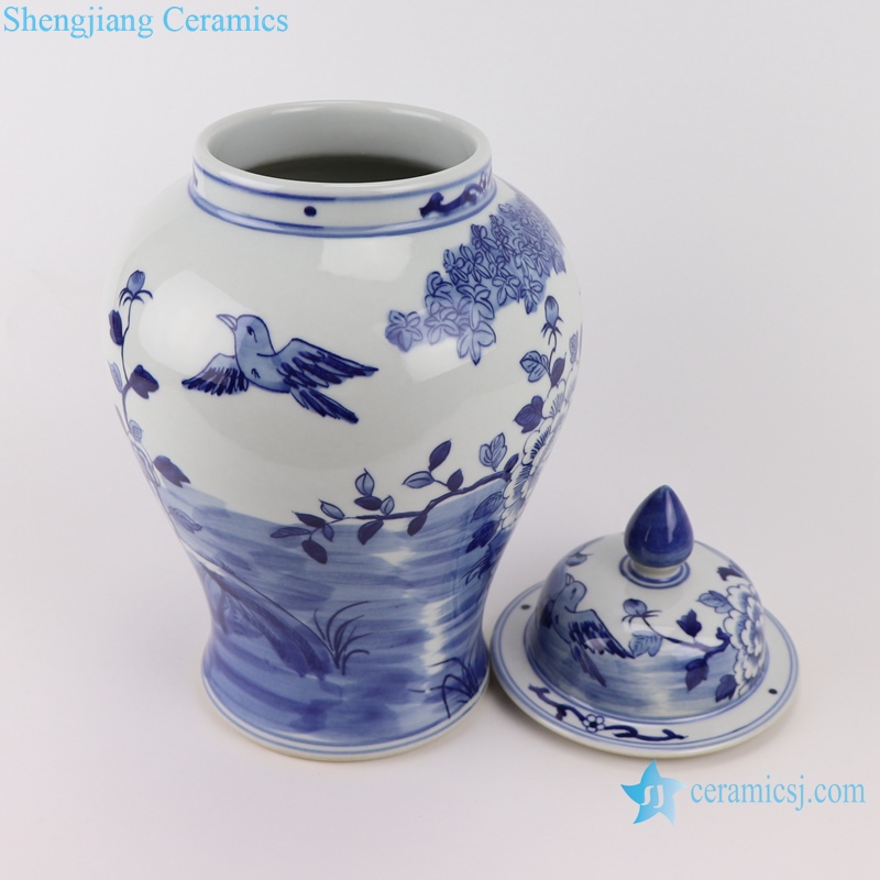 hand painted blue and white phoenix and flower pattern ceramic ginger jar