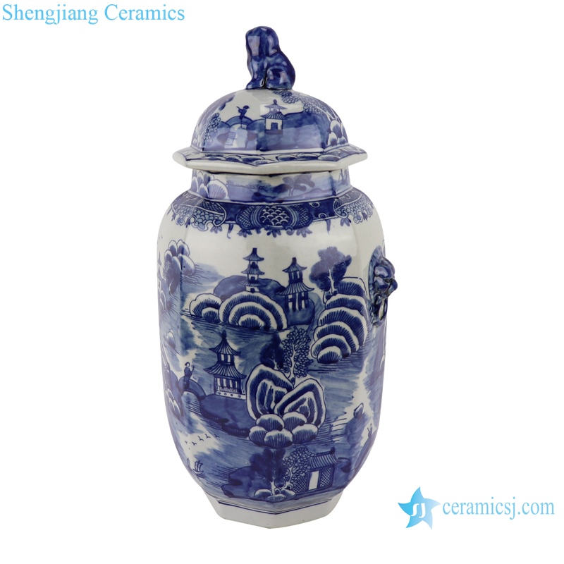 RYLU194 hand painted high quality blue and white octagonal shape lion head landscape pattern ginger jar