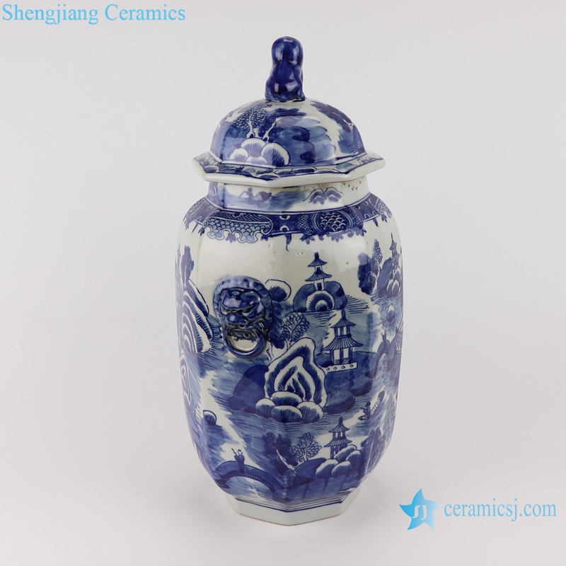 RYLU194 hand painted high quality blue and white octagonal shape lion head landscape pattern ginger jar