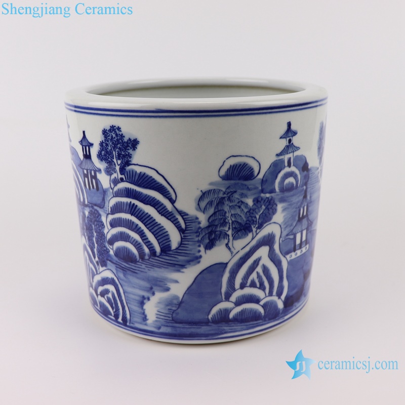 RYLU197 hand painted blue and white landscape pattern porcelain brush pot