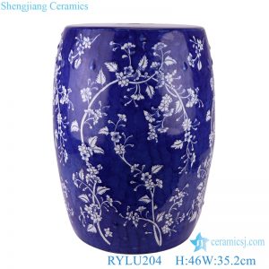 RYLU204 Blue and White Porcelain Dark blue glazed flower twisted Ceramic Garden Drum Stool