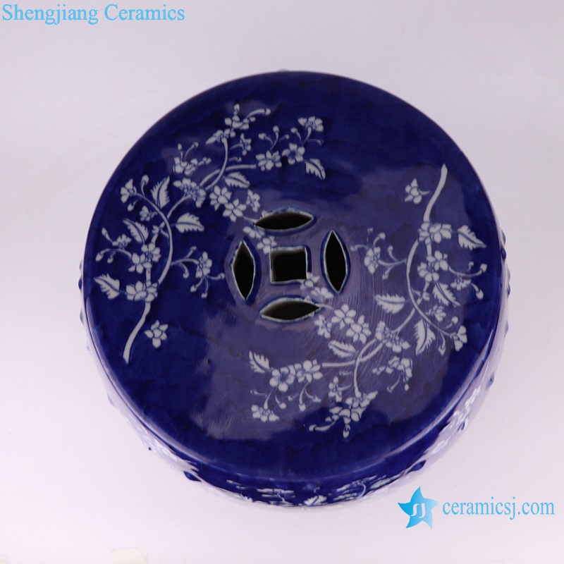 RYLU204 Blue and White Porcelain Dark blue glazed flower twisted Ceramic Garden Drum Stool
