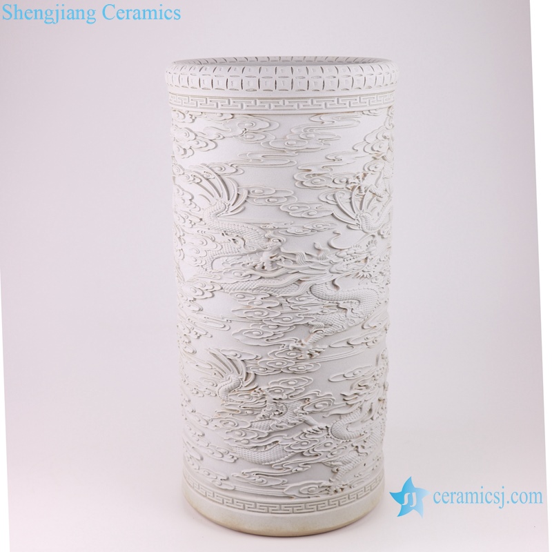 RYSX13 pure white ceramiccarving double dragons play pearl umbrella stand