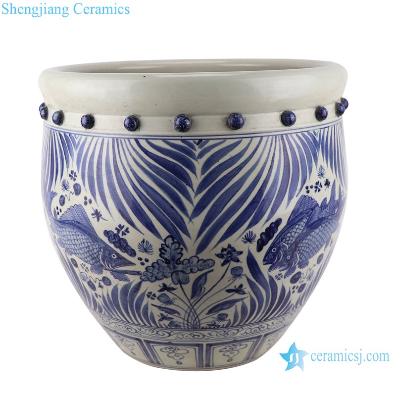 RZFH31 hand painted blue and white fish and alga design porcelain big planter