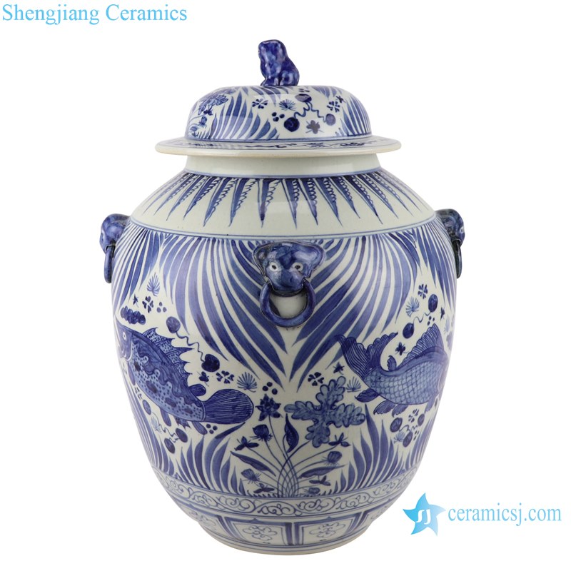 RZFH32 Blue and white fish and alga pattern lion head Pot-bellied ceramic jar