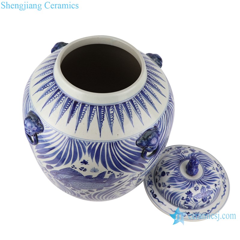 RZFH32 hand painted blue and white fish and alga pattern lion head Pot-bellied ceramic jar