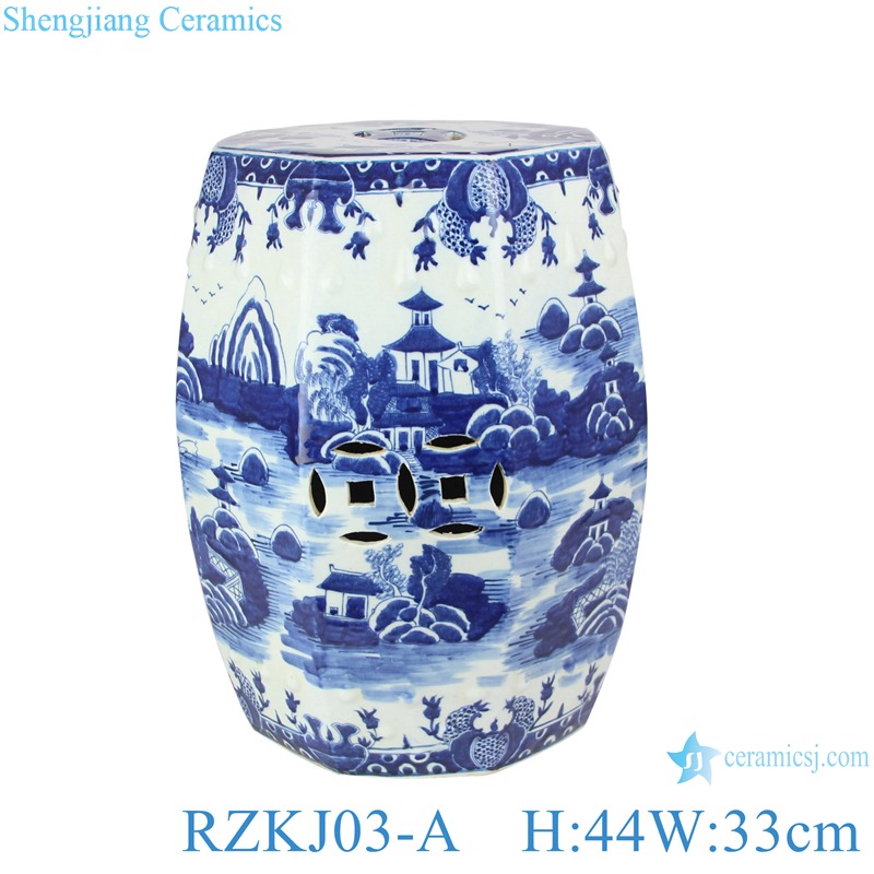 RZKJ03-A Jingdezhen blue and white landscape eight sides garden stool