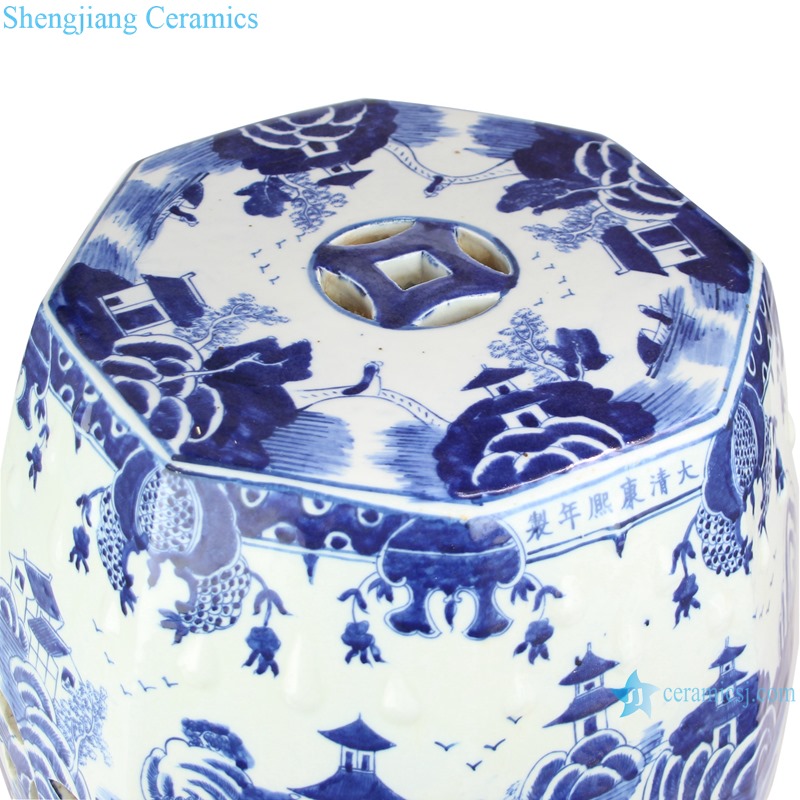 RZKJ03-A Jingdezhen blue and white landscape eight sides garden stool