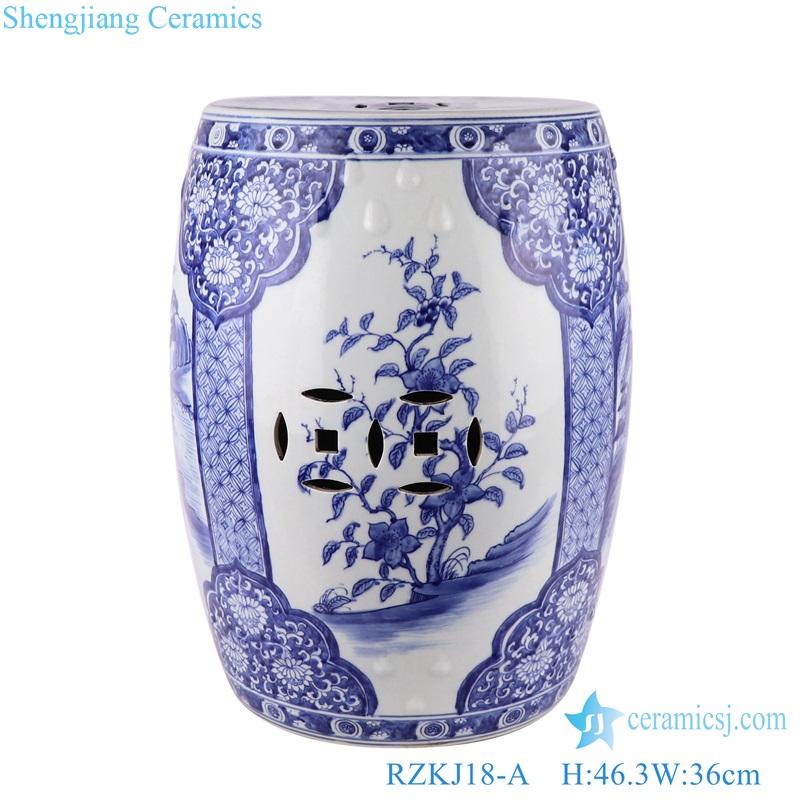 Jingdezhen Blue and White Open Window Landscape Flower Copper Ceramic Home Seat Ceramic Drum Stool