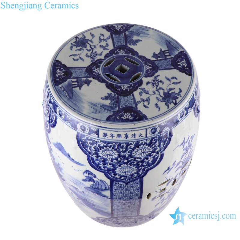 RZKJ18-A Jingdezhen Blue and White Open Window Landscape Flower Copper Ceramic Home Seat Ceramic Drum Stool