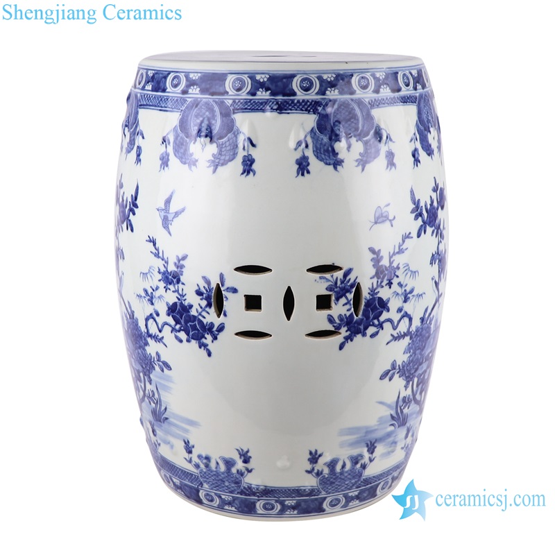 RZKJ18-A Jingdezhen Blue and White Open Window Landscape Flower Copper Ceramic Home Seat Ceramic Drum Stool