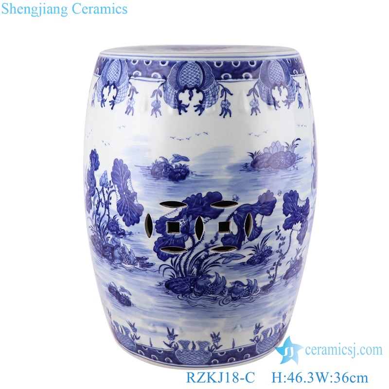 Blue and White Porcelain Lotus Mandarin ducks Landscape Wutong Copper Design Ceramic Drum Stool