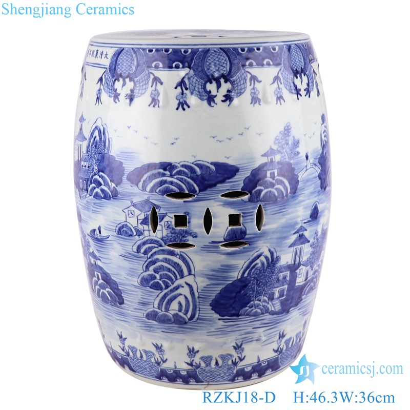 RZKJ18-C/RZKJ18-D Blue and White Porcelain Lotus Mandarin ducks Landscape Wutong Copper Design Ceramic Drum Stool
