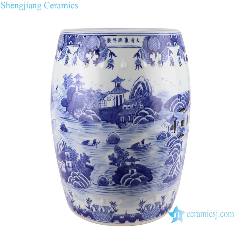 RZKJ18-C/RZKJ18-D Blue and White Porcelain Lotus Mandarin ducks Landscape Wutong Copper Design Ceramic Drum Stool