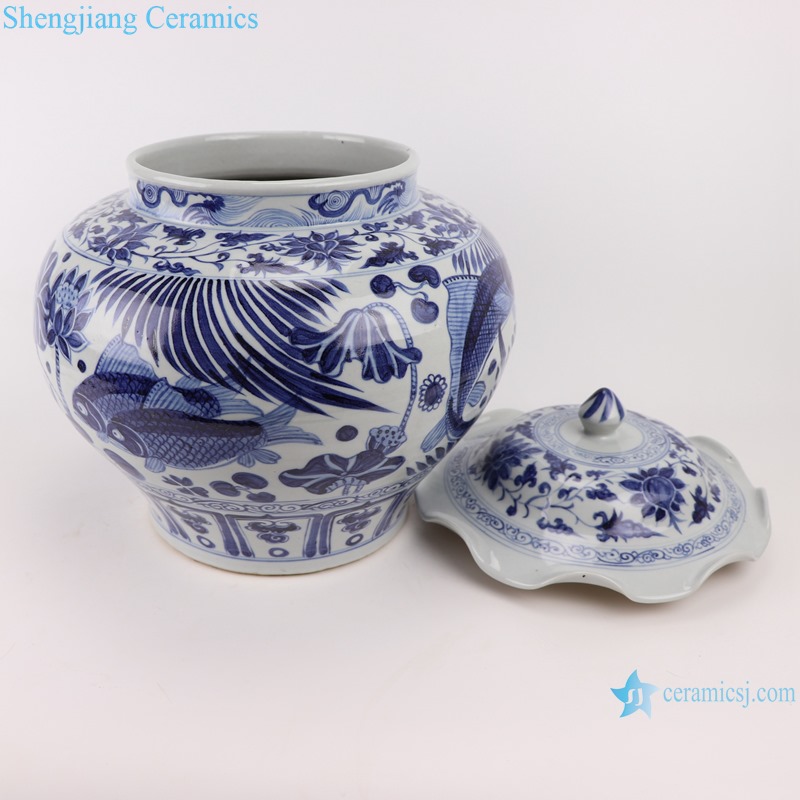RZKR21 Antique yuan dynasty hand painted blue and white fish and alga pattern ceramic jar