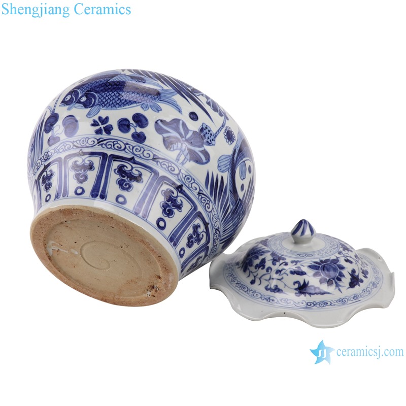 RZKR21 Antique yuan dynasty hand painted blue and white fish and alga pattern ceramic jar