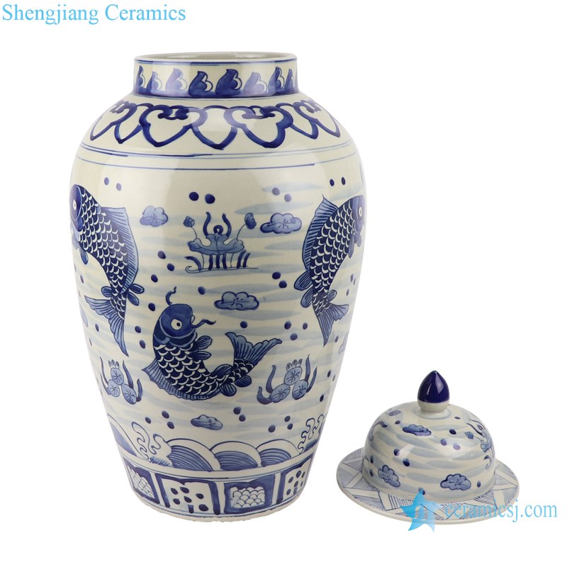 RZKY32 Jingdezhen blue and white fish alga lotus pattern ceramic big ginger jar
